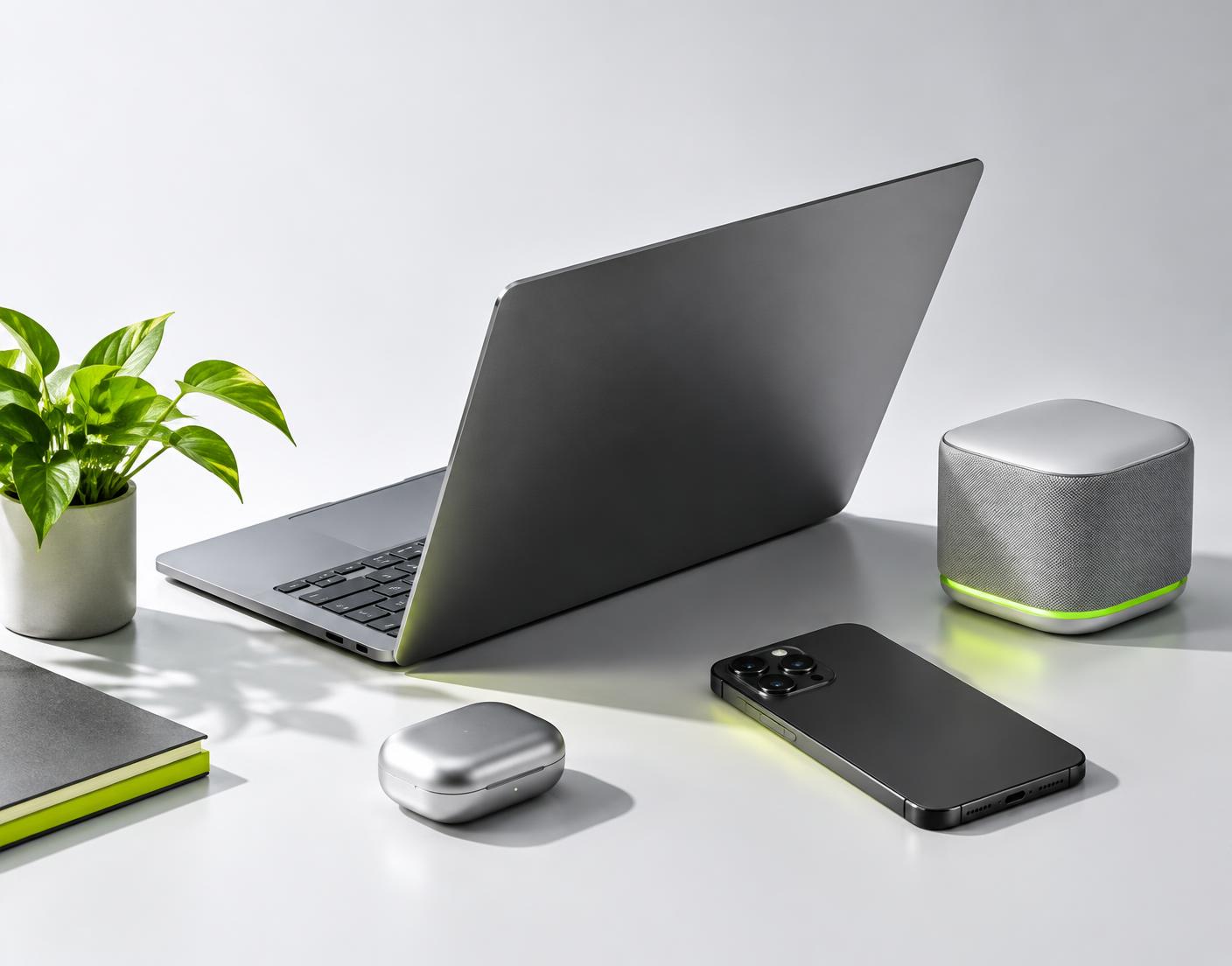 A curated workspace with a laptop, smartphone, earbuds, and connected home device